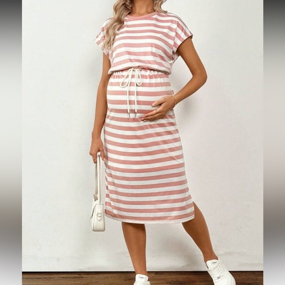 SHEIN Dresses & Skirts - SHEIN Maternity Striped Drop Shoulder Drawstring Waist Split Midi Dress